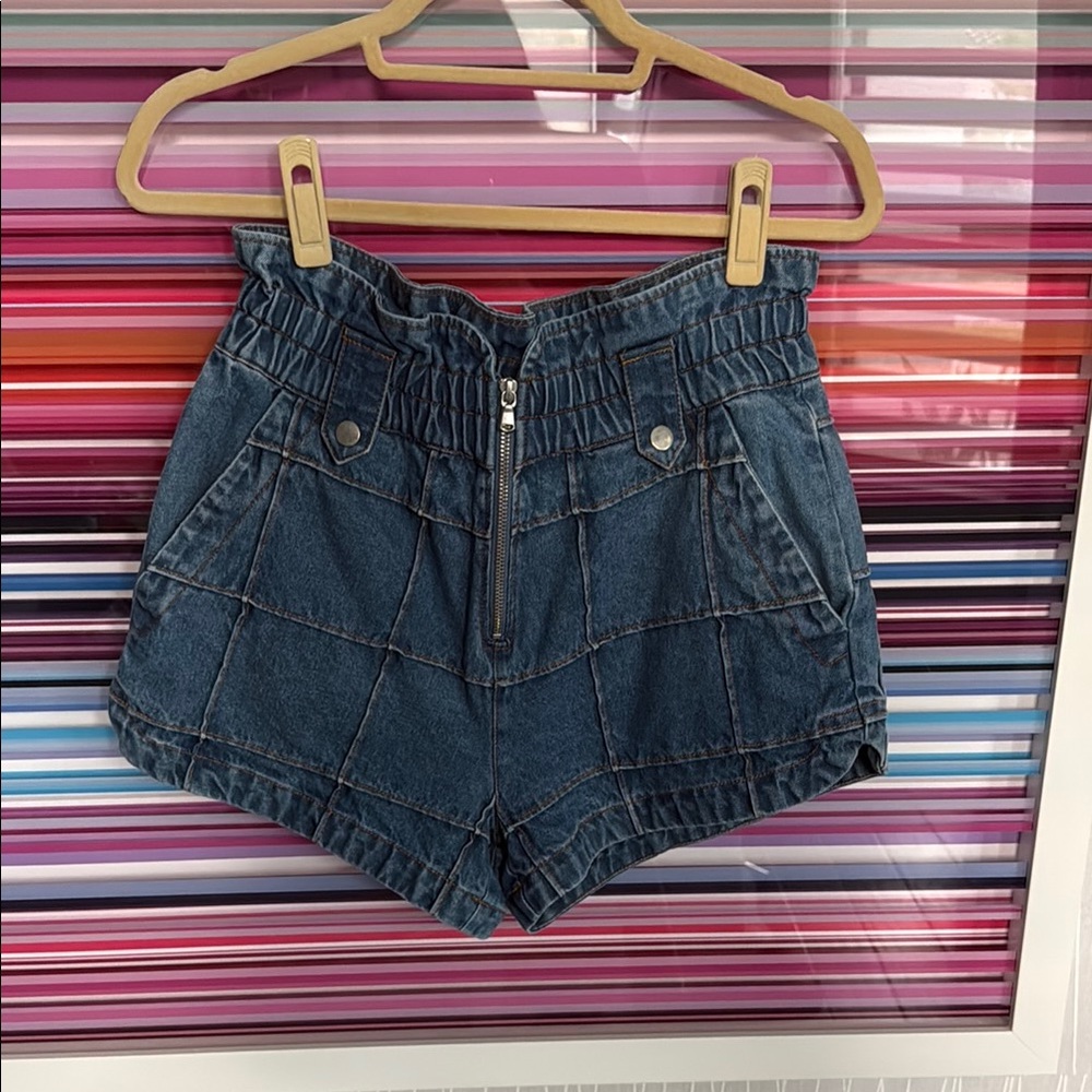 High-Waist Paperbag Denim Shorts in Dark Blue